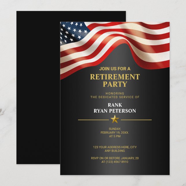 Glorious USA Flag | Retirement Luxury Black Invitation (Front/Back)
