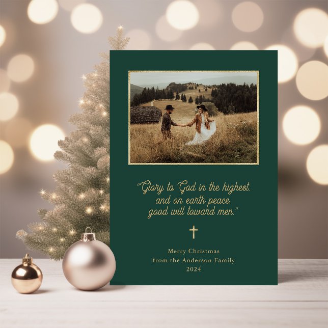 Glory to God | Faux Gold and Photo Green Christmas Holiday Card (Creator Uploaded)