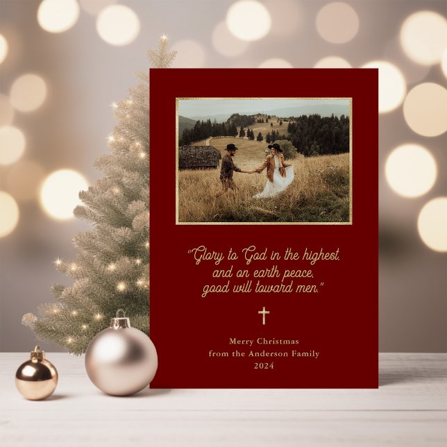 Glory to God | Faux Gold and Photo Red Christmas Holiday Card (Creator Uploaded)