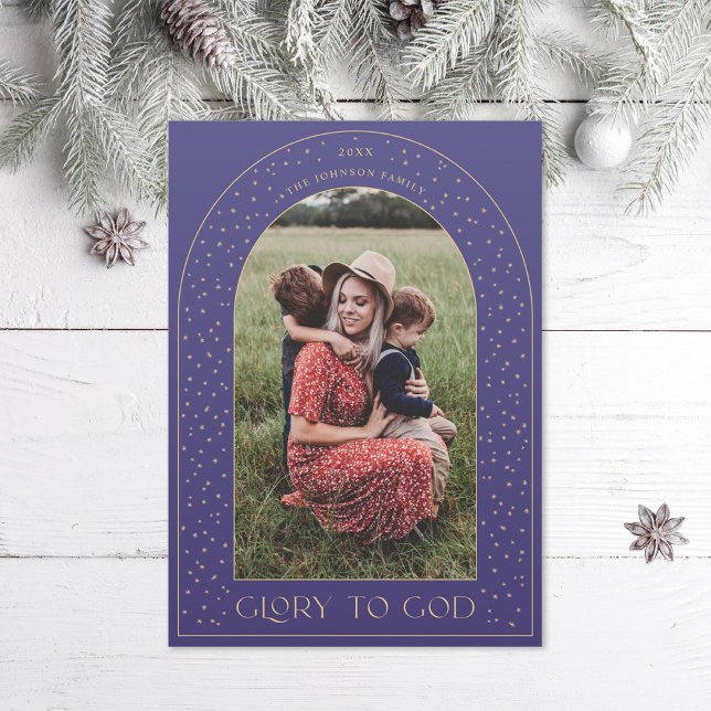 Glory to God Purple Gold Stars Holiday Card (Creator Uploaded)
