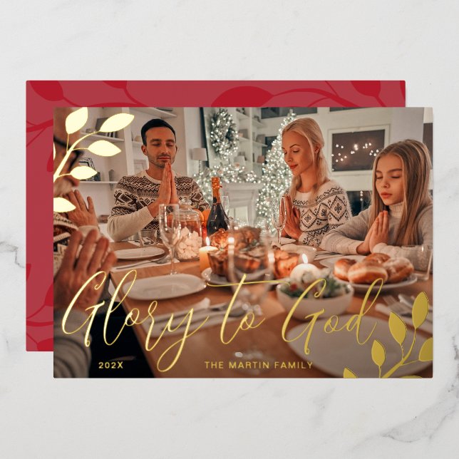Glory to God Red Botanical Christmas Photo (Front/Back)