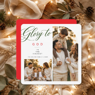 Glory To God Red Green Religious 2 Photo Christmas Holiday Card