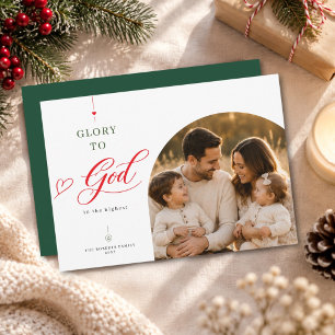 Glory To God Red Script Religious Christmas Photo Holiday Card