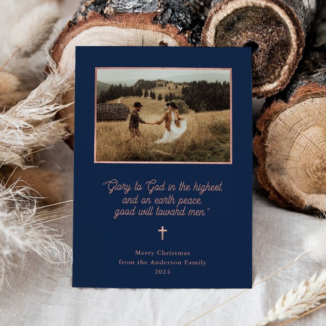 Glory to God | Rose Gold and Navy Photo Christmas Holiday Card (Creator Uploaded)