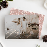 Glory to God Script Overlay Religious Photo<br><div class="desc">Modern religious holiday card featuring your horizontal photo with "Glory to God" displayed in a rose gold foil script overlay. Personalise the front of the Glory to God Christmas photo card with your name in white lettering. The card reverses to a dusty rose and white foliage pattern.</div>