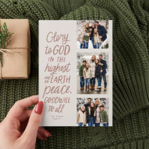 Glory to God three photo pink religious Christmas Holiday Card