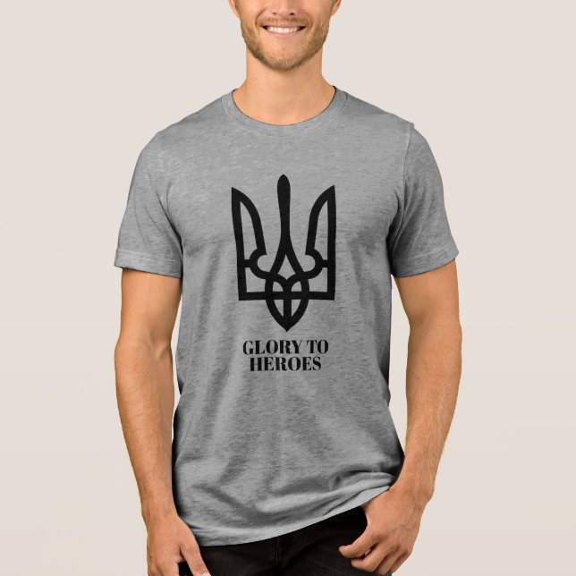 Glory To Heroes & Ukrainian Trident Coat of Arms  Tri-Blend Shirt (Front)