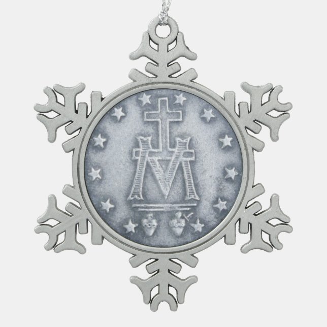 Glory To The Miraculous Medal Snowflake Pewter Christmas Ornament (Front)