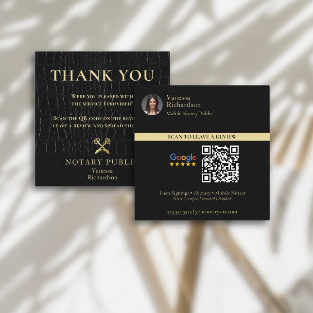 Glossy Black Crocodile Gold Notary QR Review  Square Business Card (Creator Uploaded)