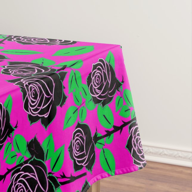 Glossy Black Roses On A Hot Pink Background Tablecloth (In Situ)
