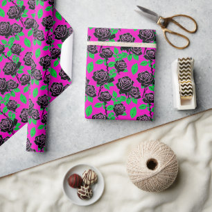Glossy Black Roses On A Hot Pink Background Wrapping Paper