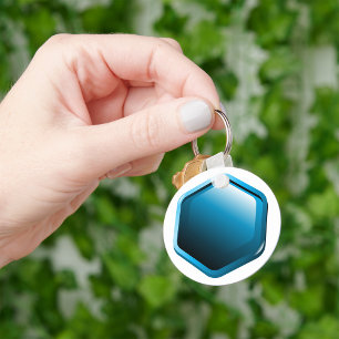 Glossy Blue Hexagon Icon Modern Geometric Key Ring
