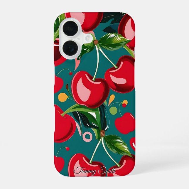 Glossy Cherry & Floral Pattern  iPhone 16 Case (Back)