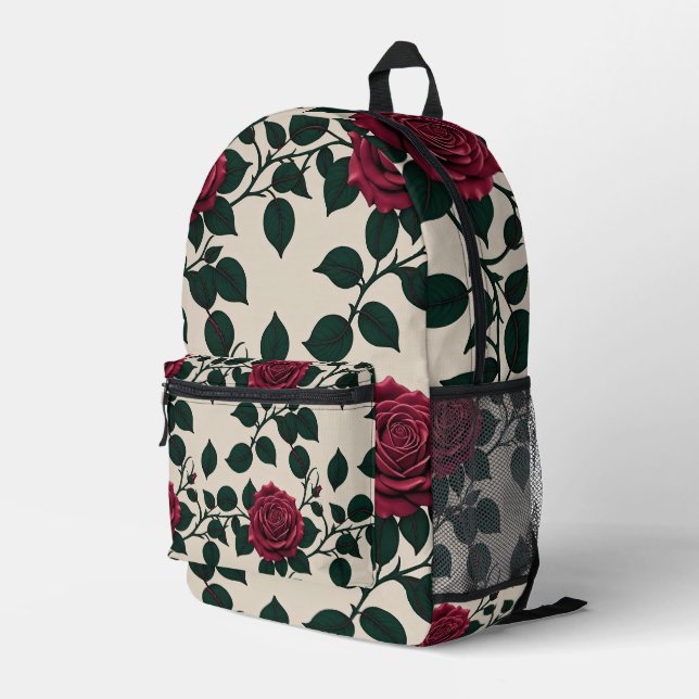 Glossy Crimson Roses With Dark Green Leaves Printed Backpack (Back Corner Right)
