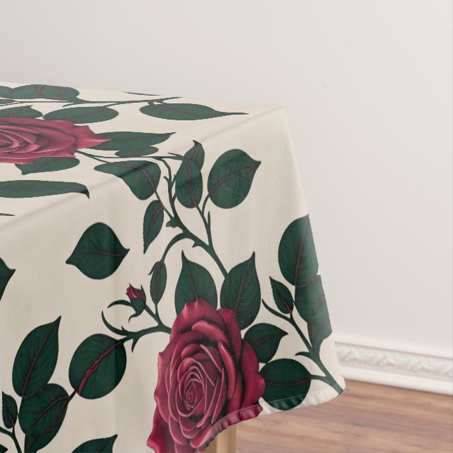 Glossy Crimson Roses With Dark Green Leaves Tablecloth (In Situ)