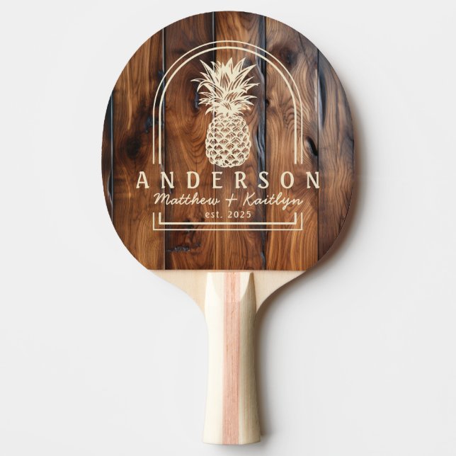 Glossy Dark Wood Pineapple Wedding Arch & Name Ping Pong Paddle (Front)