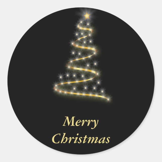 Glossy gold Christmas tree black Classic Round Sticker (Front)