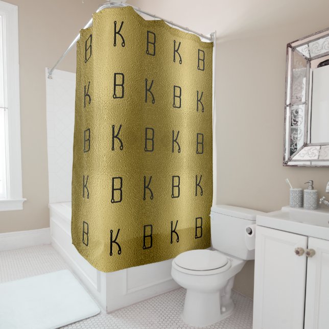 Glossy Gold Metal Texture Initials Personalised Shower Curtain (In Situ)