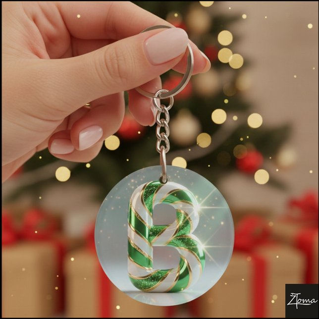 Glossy Green Gold Glitter Striped Letter B Key Ring (Creator Uploaded)