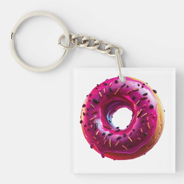 Glossy Pink Donut with Dark Sprinkles Key Ring (Front)
