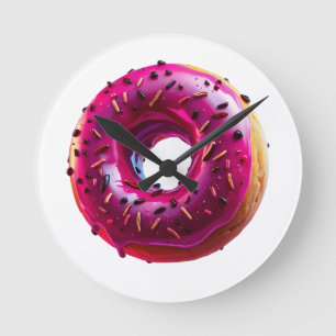 Glossy Pink Donut with Dark Sprinkles Round Clock