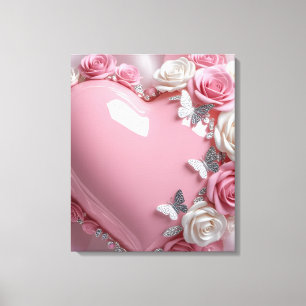 Glossy Pink Heart with Roses Butterflies Romantic Canvas Print