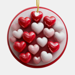 Glossy Red and White Hearts Ceramic Tree Decoration