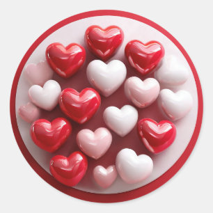 Glossy Red and White Hearts Classic Round Sticker