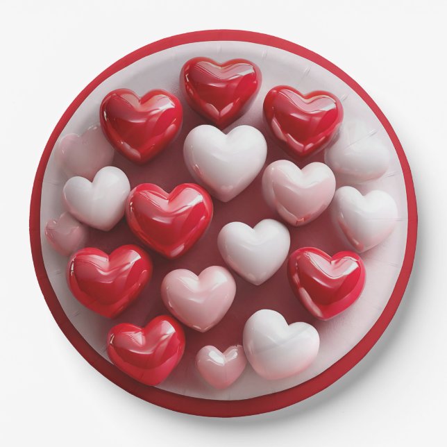 Glossy Red and White Hearts Paper Plate (Front)