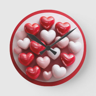 Glossy Red and White Hearts Round Clock
