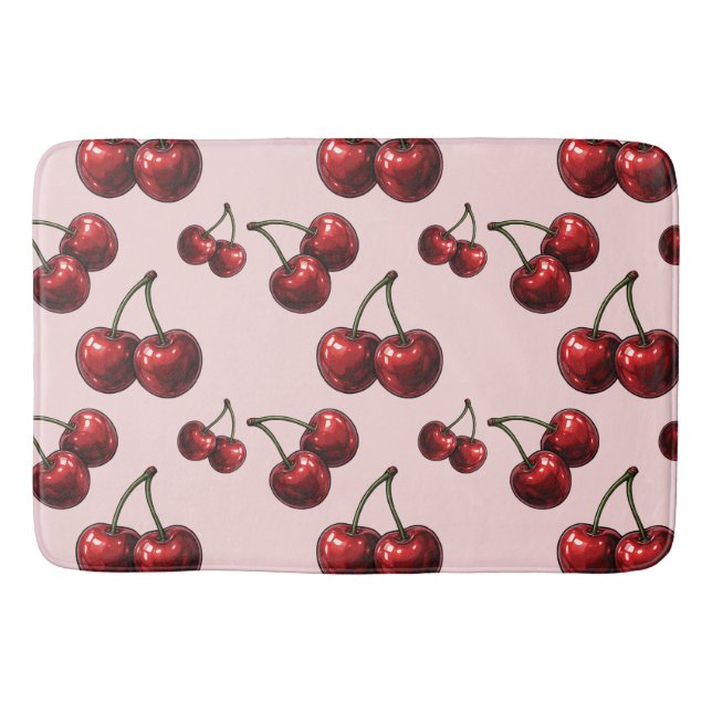 Glossy Red Cherries Pink Retro Glam Bath Mat (Front)