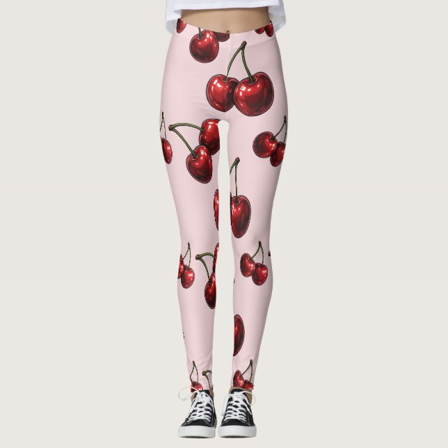 Glossy Red Cherries Retro Glam "Juicy & Sweet" Leggings (Front)