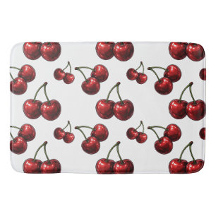 Glossy Red Cherries White Retro Glam Bath Mat