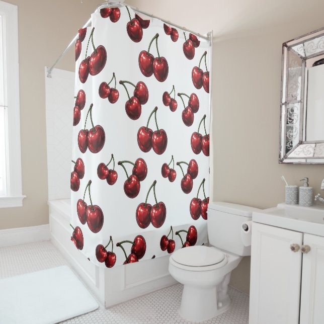 Glossy Red Cherries White Retro Glam Shower Curtain (In Situ)