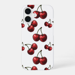 Glossy Red Cherries White Retro iPhone 16 Case