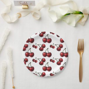 Glossy Red Cherries White Retro Party Paper Plate