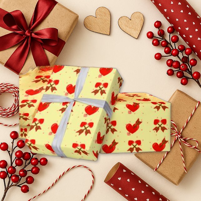 Glossy Red Heart Arrow Cream Romantic Wrapping Paper (Creator Uploaded)