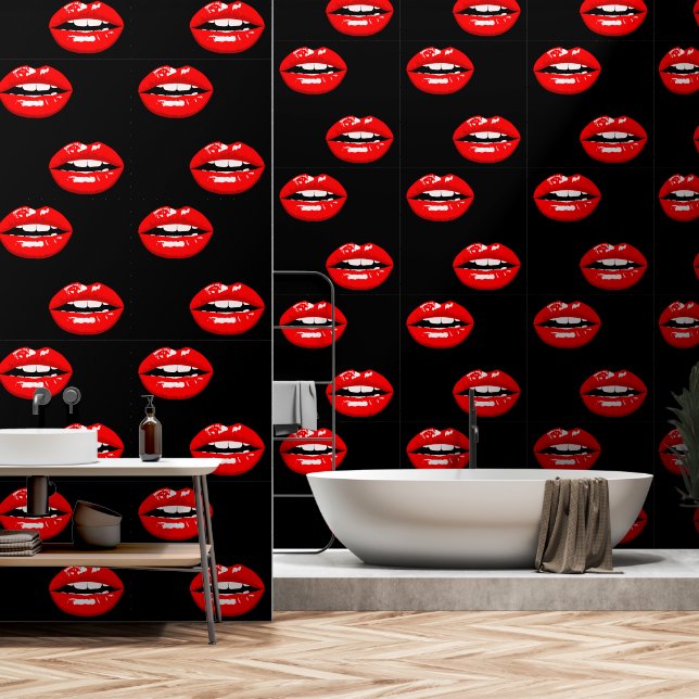 Glossy Red Lips Custom Colour Black Wallpaper (Bathroom)