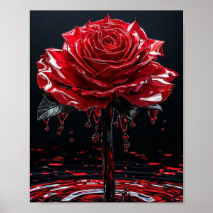 Glossy Red Rose with Dew Drops Romantic 🌹💧✨❤️🌿 Poster