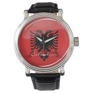 Glossy Round Albanian Flag Watch
