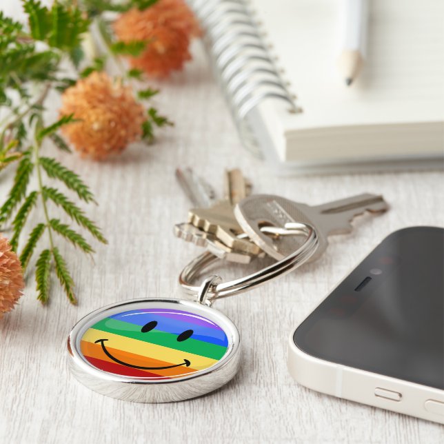 Glossy Round Smiling Gay Lgbt Pride Flag Key Ring (Side)
