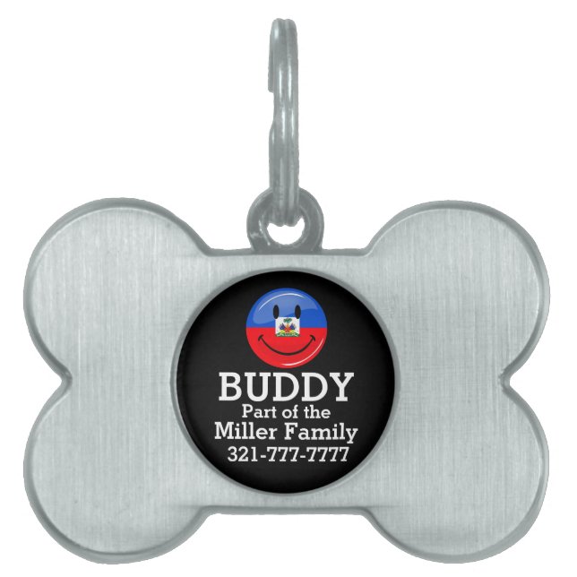 Glossy Round Smiling Haitian Flag Pet ID Tag (Front)