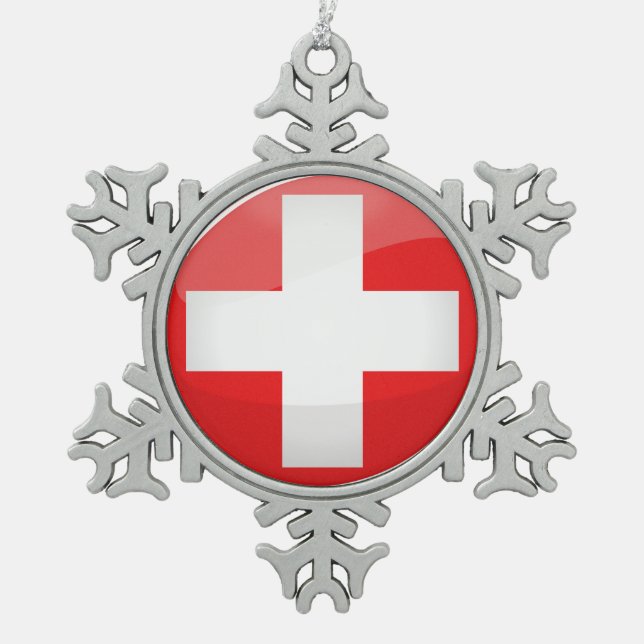 Glossy Round Swiss Flag Snowflake Pewter Christmas Ornament (Front)