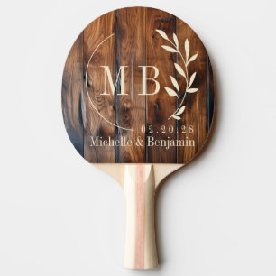 Glossy Stained Dark Wood Leaf Wedding Monogram Ping Pong Paddle
