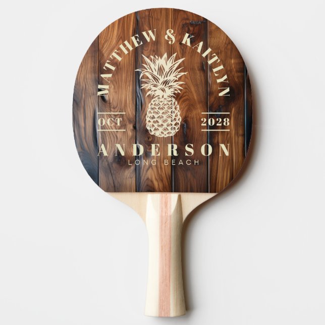 Glossy Stained Dark Wood Tropical PineappleWedding Ping Pong Paddle (Back)