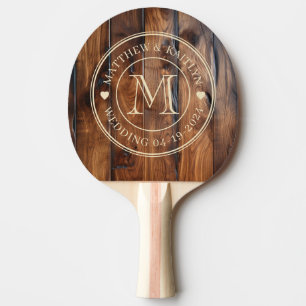 Glossy Stained Dark Wood Wedding Monogram Heart Ping Pong Paddle