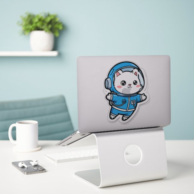 Glossy Transparent -Cute Astronaut Cat 8x8 (Laptop On Desk)