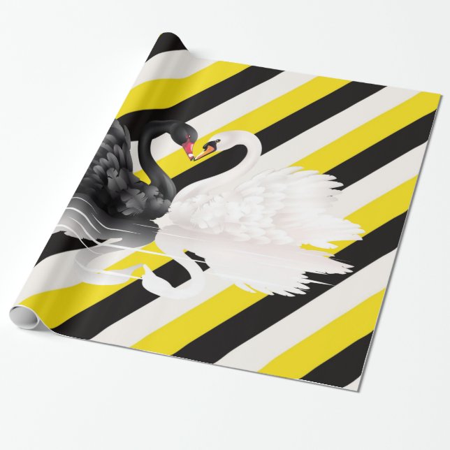 Glossy Wrapping Paper, Black White Stripe Swans Paper (Unrolled)