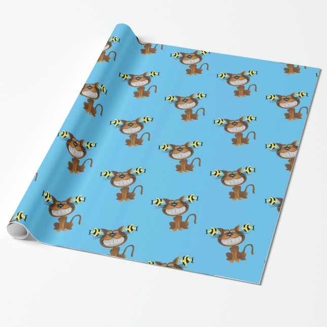 Glossy Wrapping Paper, Blue Cat Fish Wrapping Paper (Unrolled)