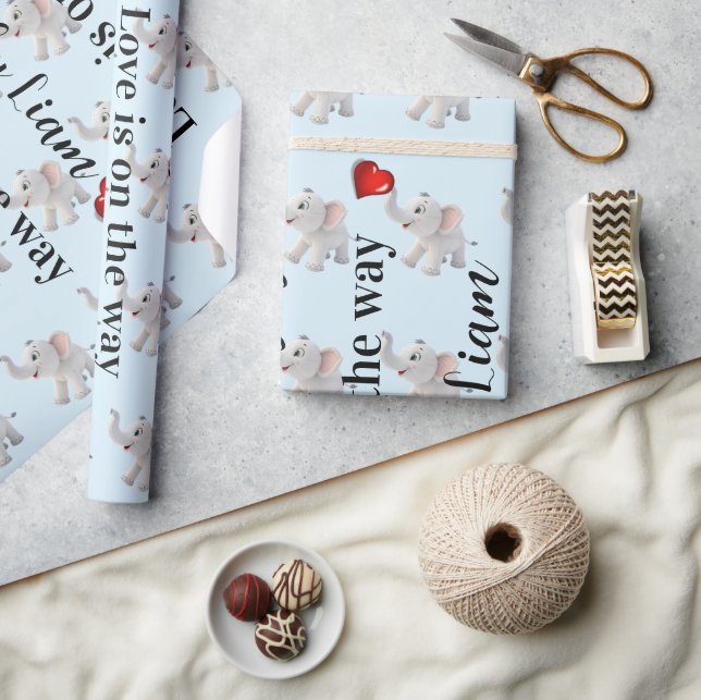 Glossy Wrapping Paper Blue Elephant Red Hearts  (Crafts)